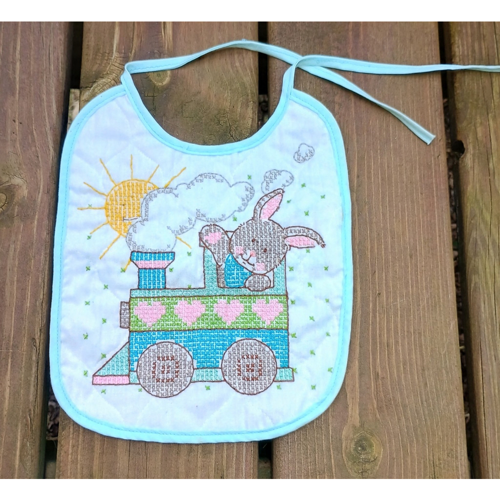 Vintage Bucilla Baby Bib Cross Stitch Bunny Rabbit On Train Unisex